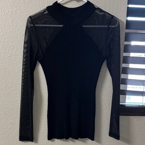 Almost Famous Black Ribbed Mock Neck Top with Sheer Mesh Sleeves